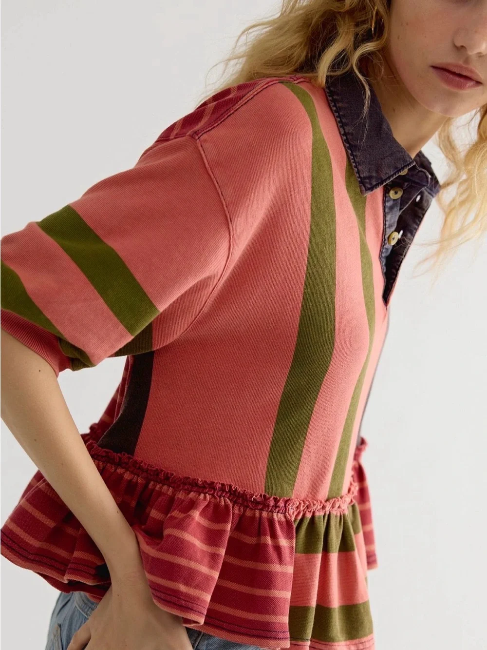 Free People Coral Rugby Polo with Olive and Charcoal Stripes